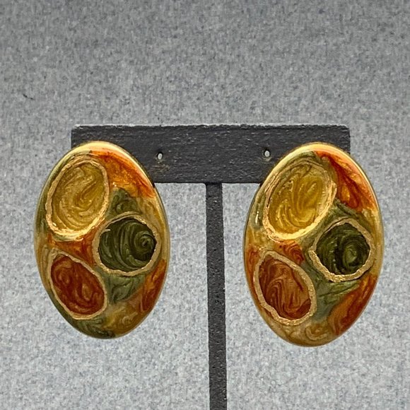 Multicolor Gold Swirl Earrings Pierced Oval Red Blue Green Organic Retro - Picture 1 of 6